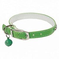 Ошейник синтетик 10мм двойной прошитый со стразами и бубенчиком зеленый 30см/00210106-05/Каскад