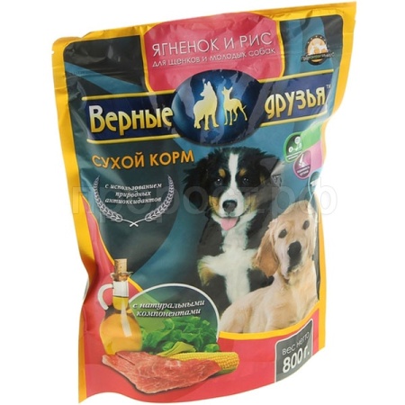 Корм для собак Верные друзья 800гр для щенков, молодых собак ягненок/рис сухой Корм для собак Верные друзья 800гр для щенков, молодых собак ягненок/рис сухой