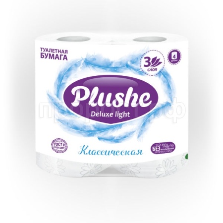 Туалетная бумага 3 слоя "Plushe Deluxe Light Классик" 4рулонов*15м белый /3016/2472